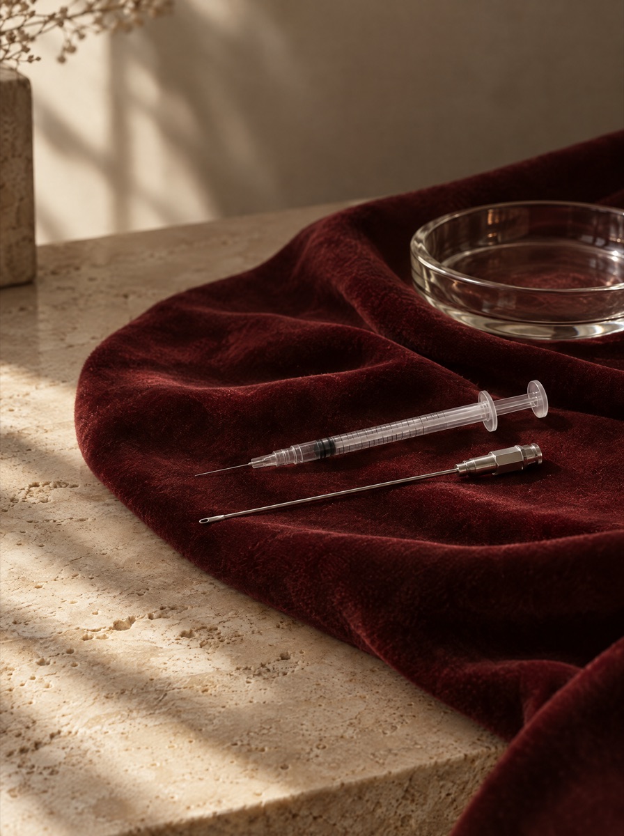 Illustrative still life: a fine microcannula and syringe on garnet velvet