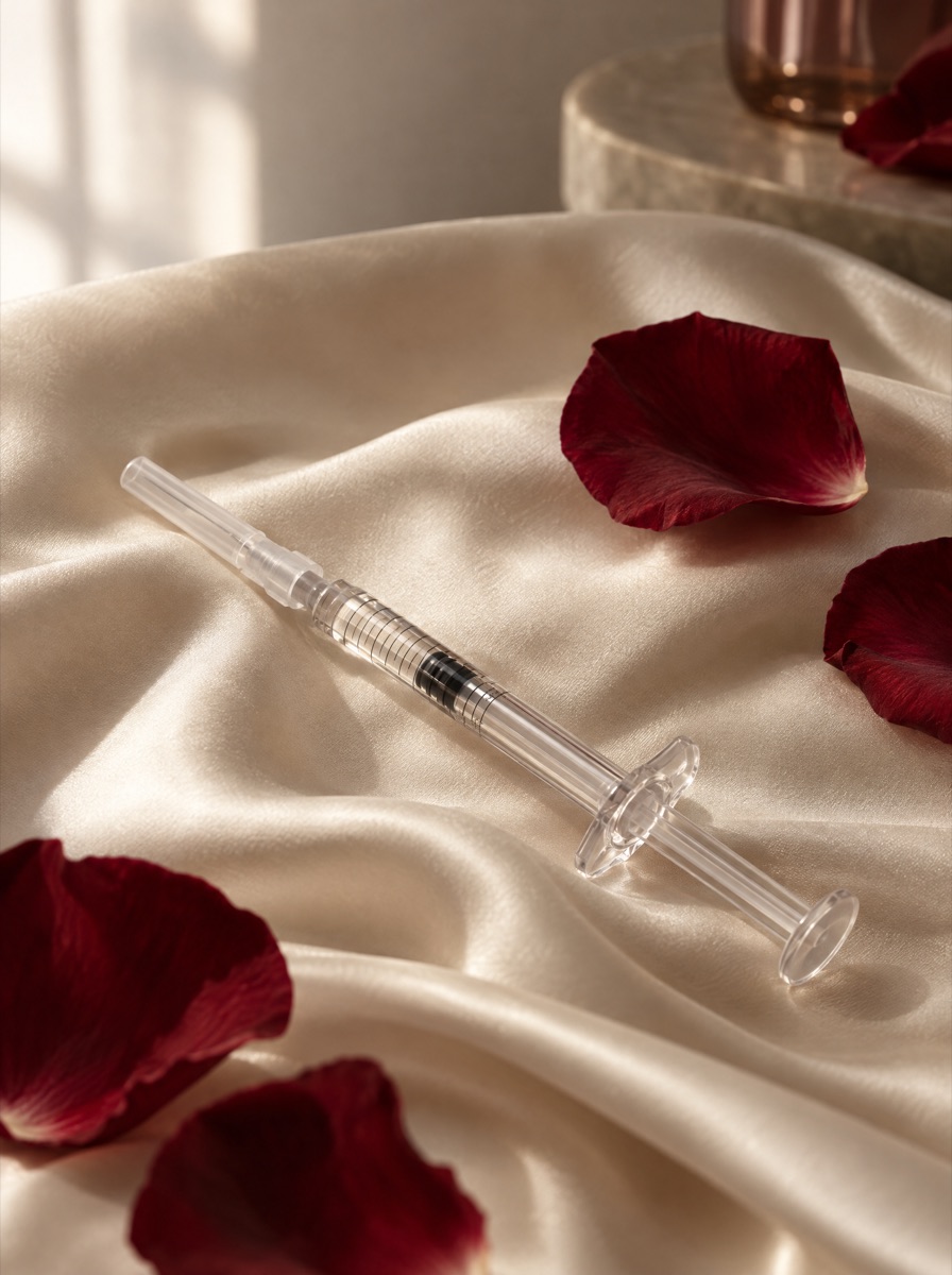 Illustrative still life: a filler syringe on ivory silk with garnet rose petals