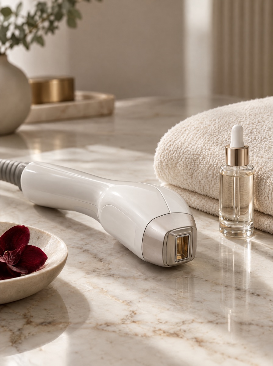 Illustrative still life: an aesthetic laser handpiece on marble